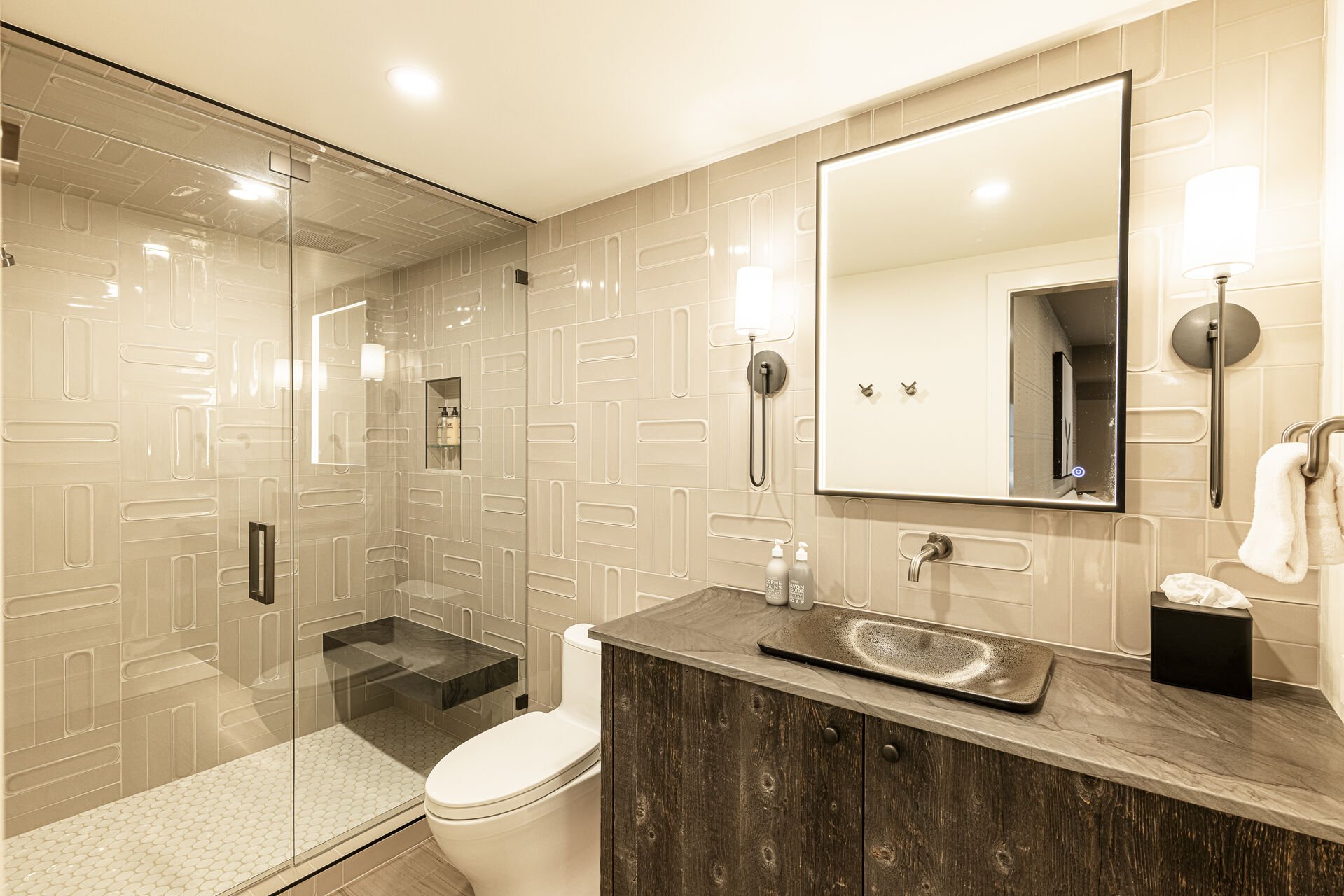 Sun Peak Manor House - Guest Bedroom 2 en suite with a shower and lighted mirror Sun Peak Manor House - Guest Bedroom 2 en suite with a shower and lighted mirror