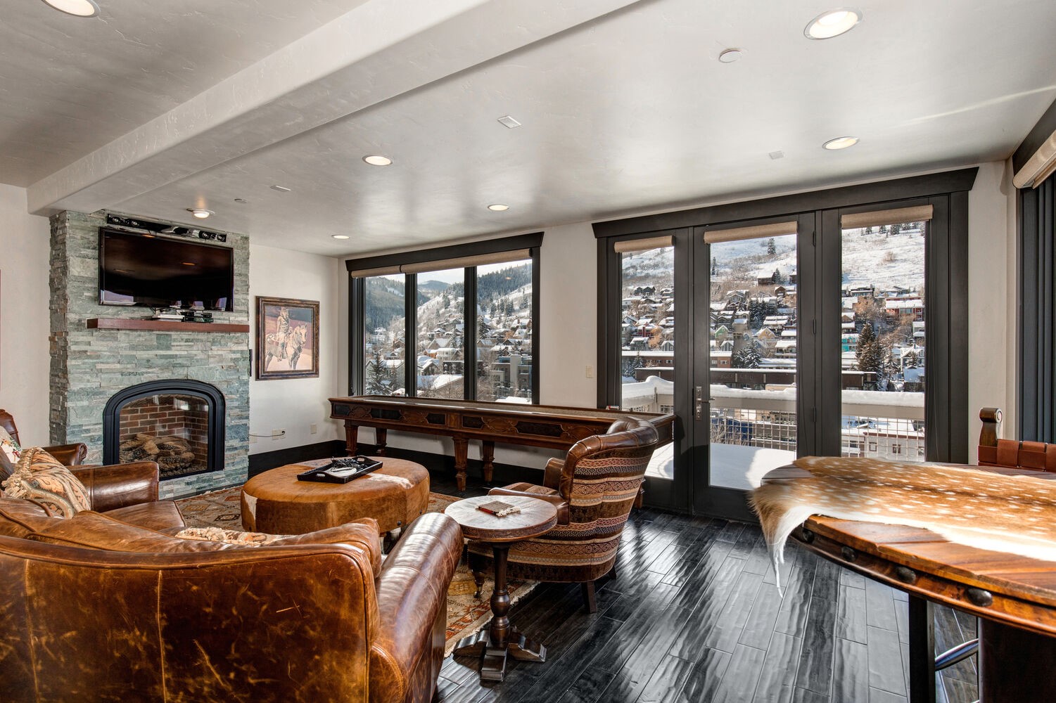 Living Room with Fireplace and Mountain Views in Our Lower Deer Valley Mansions.